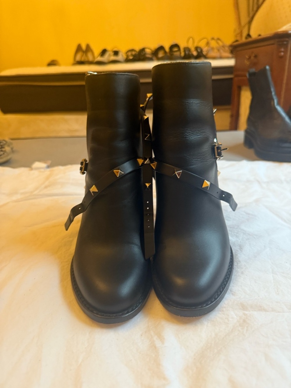 Valentino Black Leather Ankle Boots with Gold Pyramid Studs